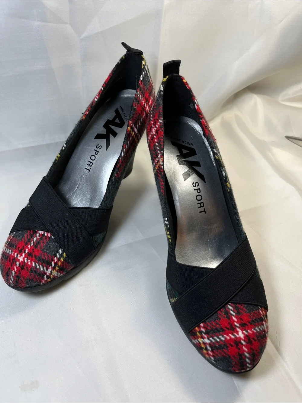 Anne Klein Red Plaid Pump with Black Elastic Cross Straps